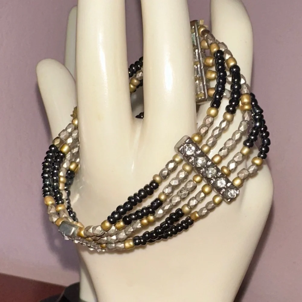 Five Strand Gray, Gold & Silver Beaded Stretch‎ Bracelet with Rhinestone Accents